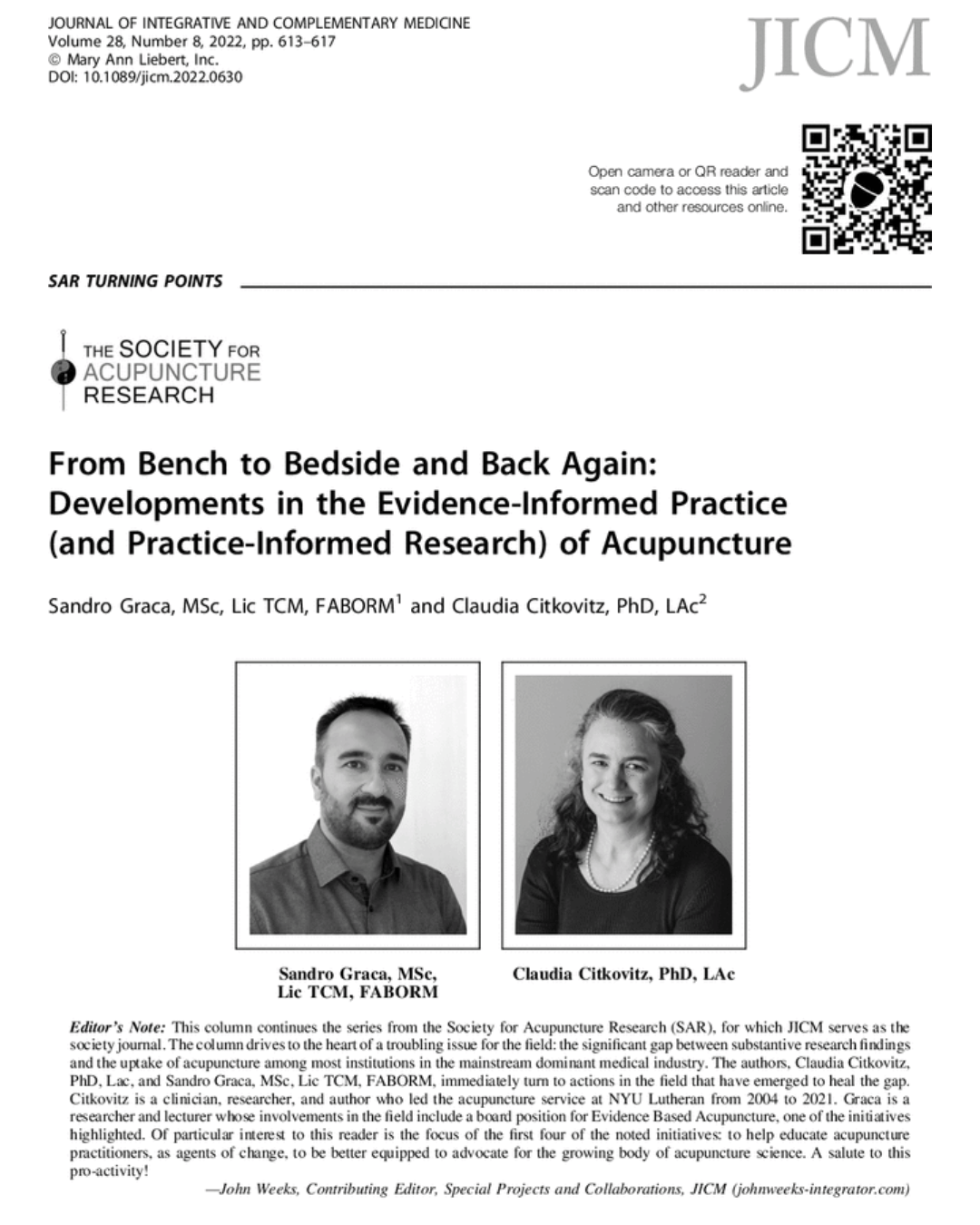 From Bench to Bedside and Back Again: Developments in the Evidence-Informed Practice (and Practice-Informed Research) of Acupuncture